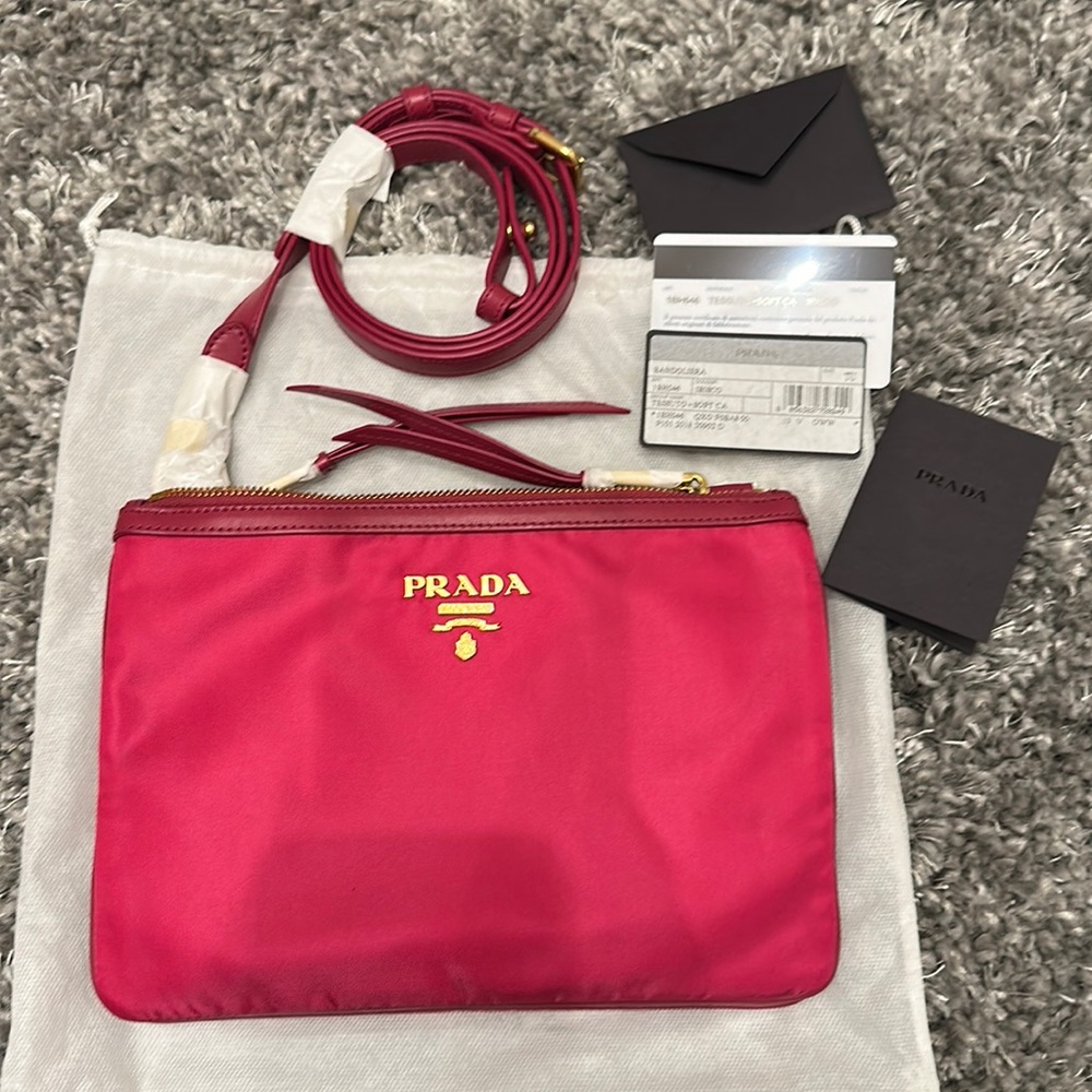 NEW PRADA Tessuto Nylon Soft Calf Double Zip Crossbody Bag in Ibisco